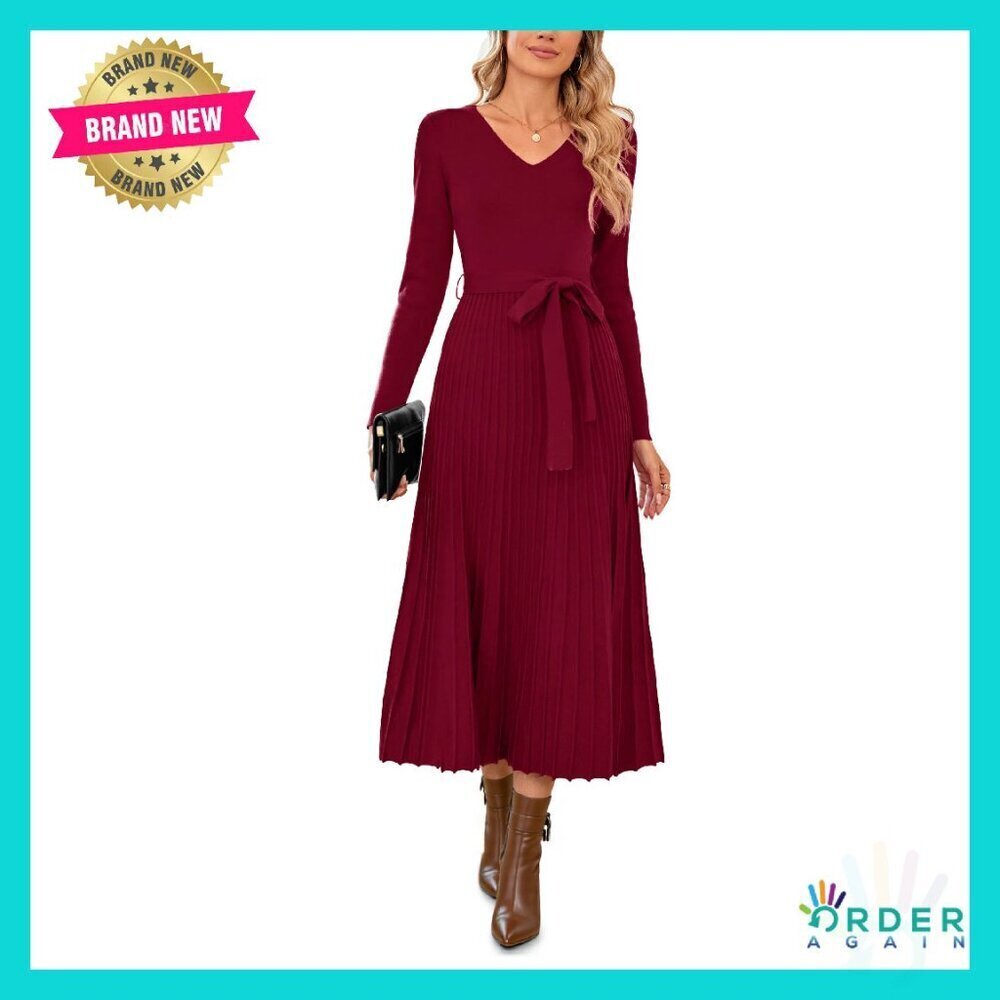 Wool Blend Tie Waist Pleated Sweater Dress V Neck Long Sleeve Elegant